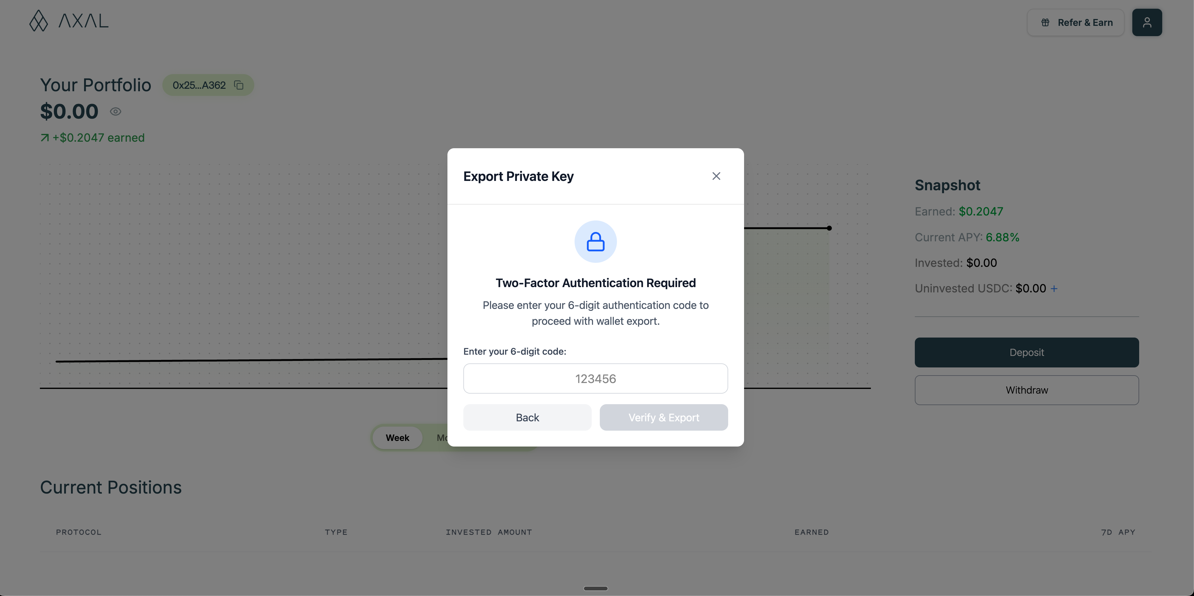 Export private key dropdown