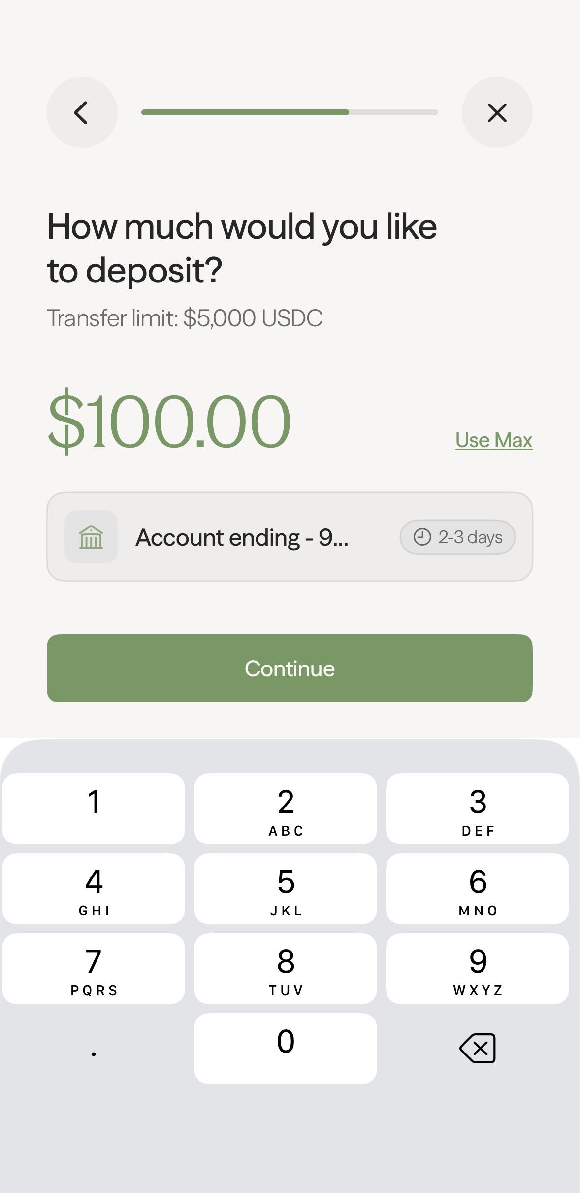 Enter and confirm deposit amount