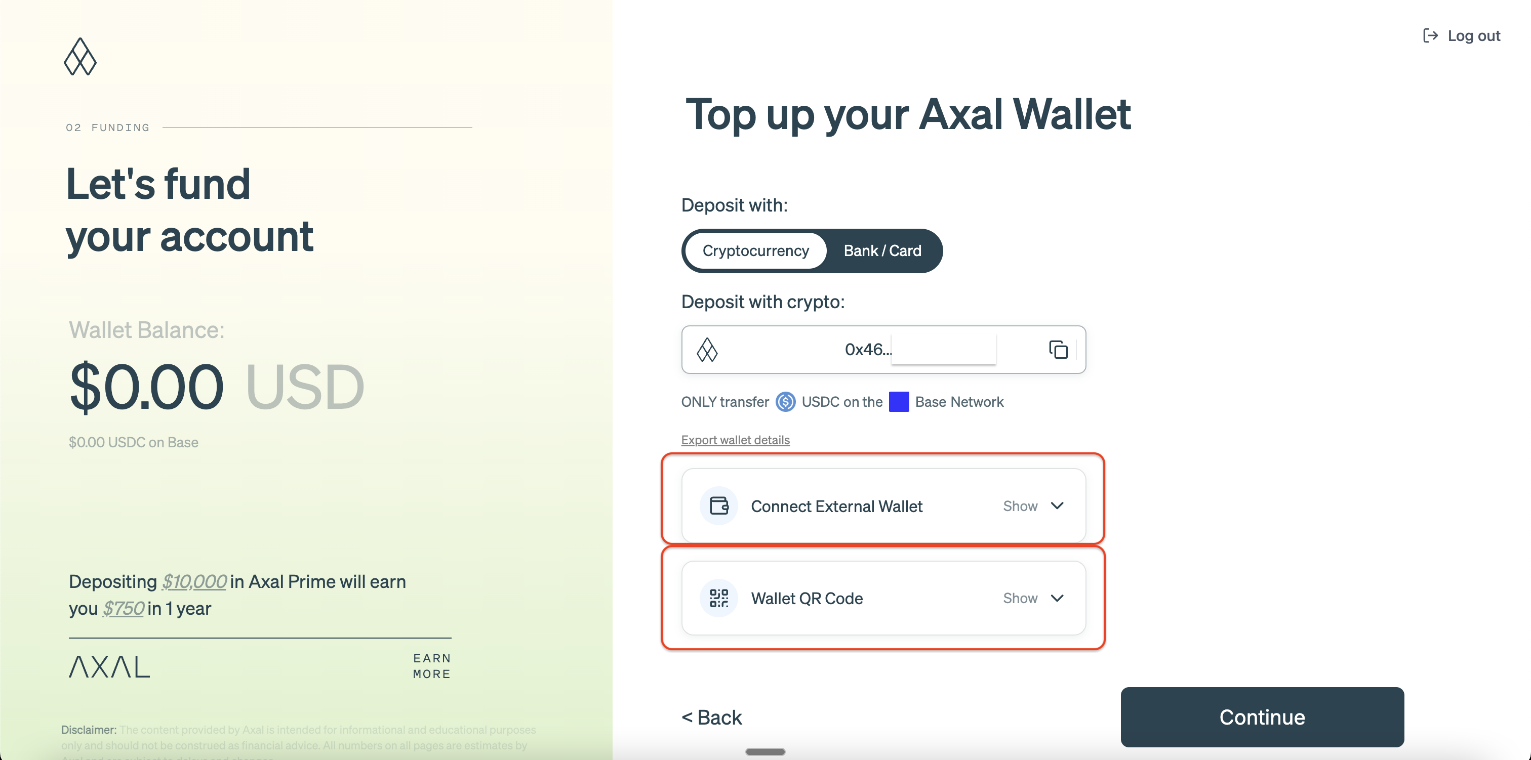 Deposit view with wallet options